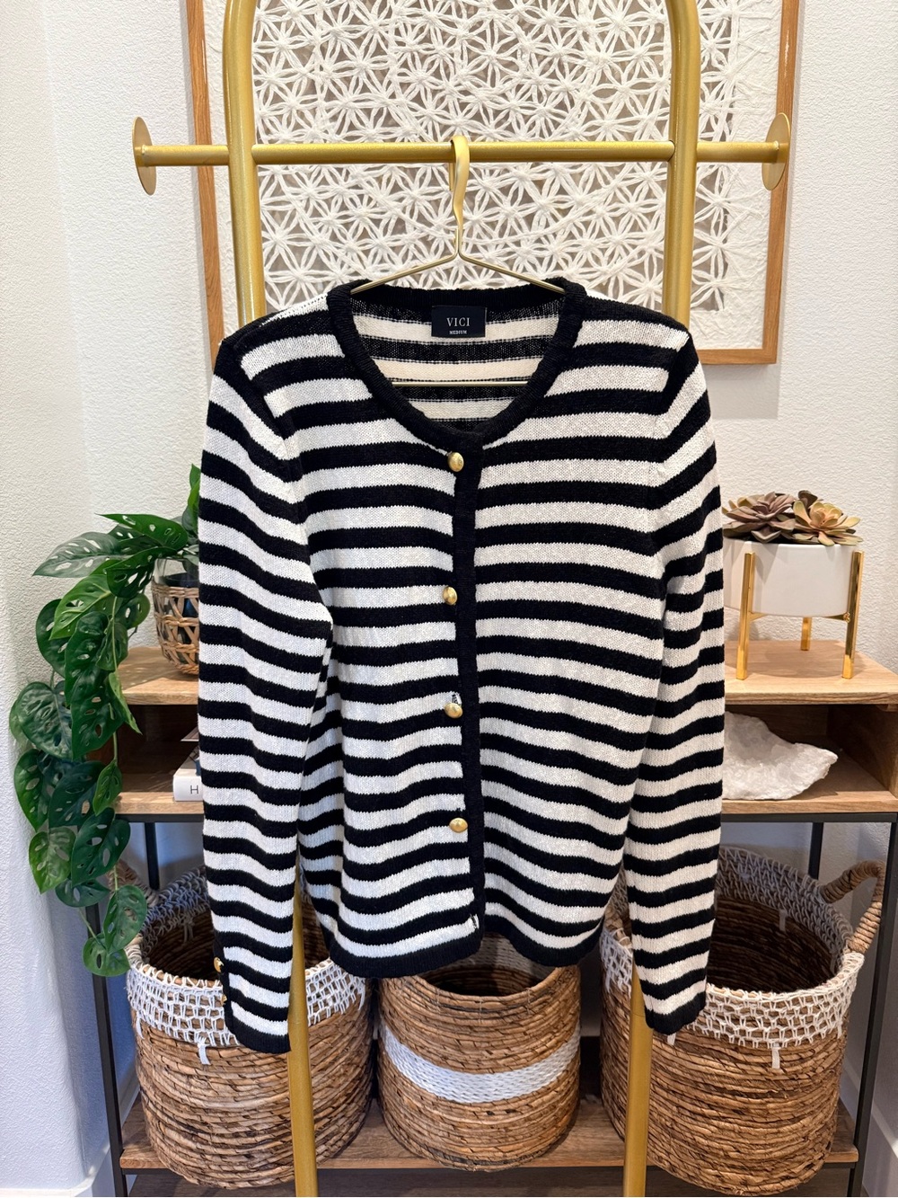 VICI Black & White Striped Button-Front Cardigan with Gold Buttons